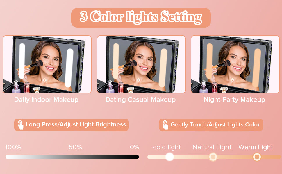 Portable Makeup Case With Led Mirror Travel Makeup Bag Cosmetic Organizer Box With Locks, Brush Holder, Dividers, Rechargeable, Black Black Aluminium Alloy