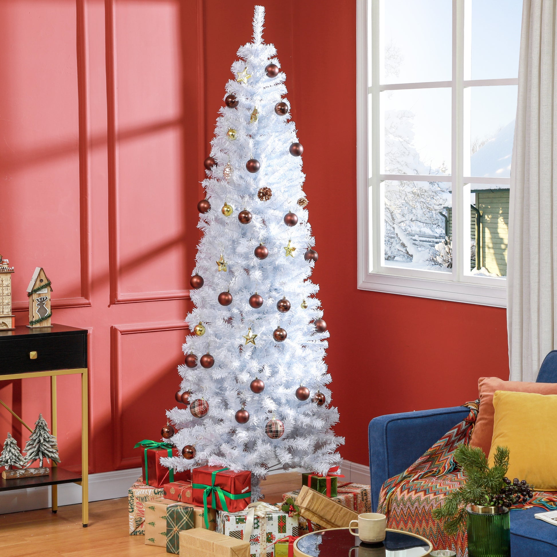 Homcom 7Ft Pencil Christmas Tree, Unlit Artificial Christmas Tree Slim Douglas Fir Xmas Tree With Realistic Branches, Halloween Tree With 818 Tips, White White Plastic