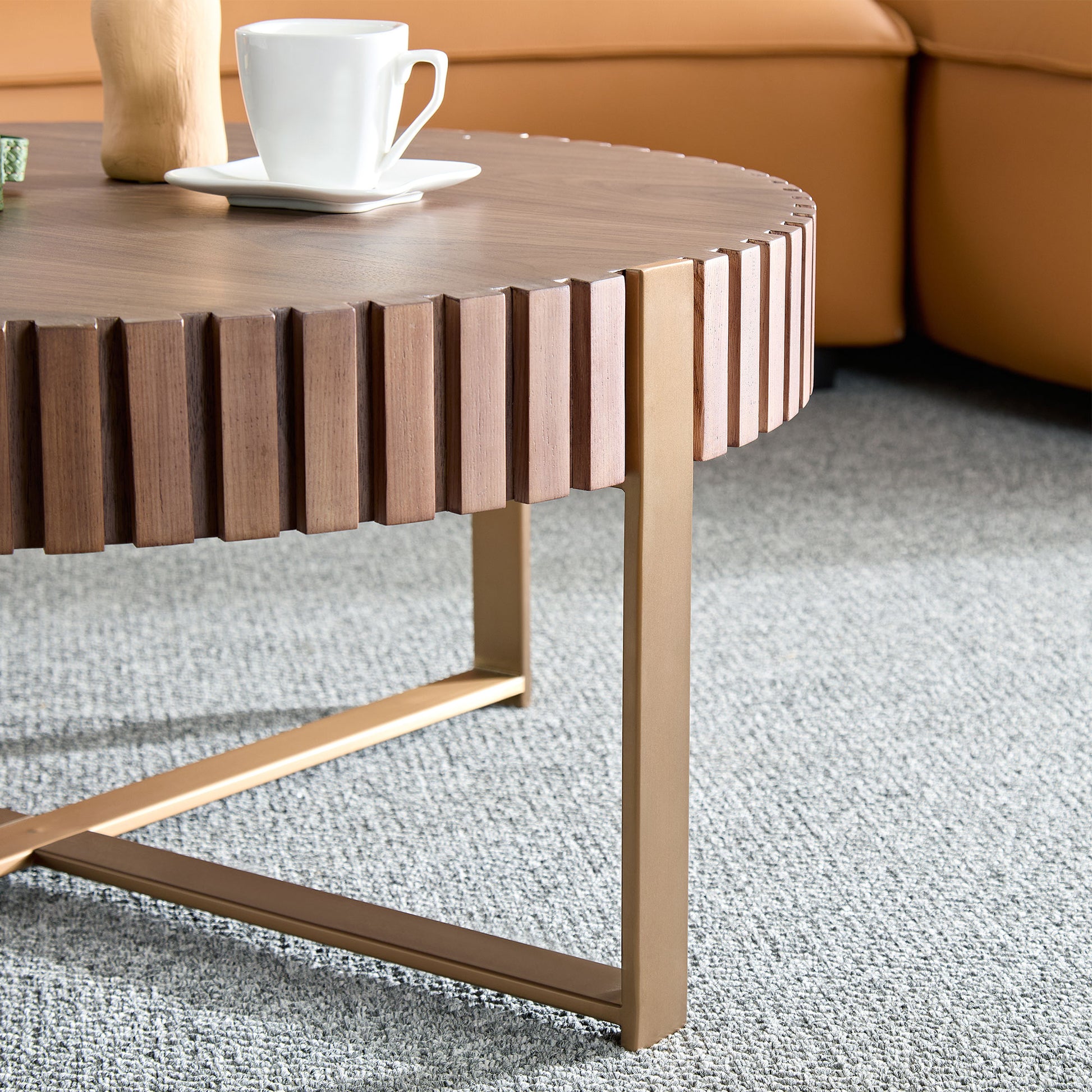 Modern Handcraft Drum Coffee Table 31.5 Inch Round Coffee Table For Living Room,Small Coffee Table With Sturdy Pedestal,Walnut Walnut Mdf Metal