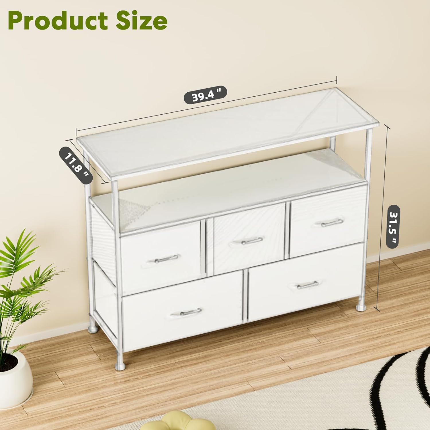 Tv Stand Dresser For Bedroom Entertainment Center With 5 Fabric Drawers, Storage Organizers Units For Living Room, Media Console Table With Open Shelf Up For 45" Tv, White, Wood Top White Wood