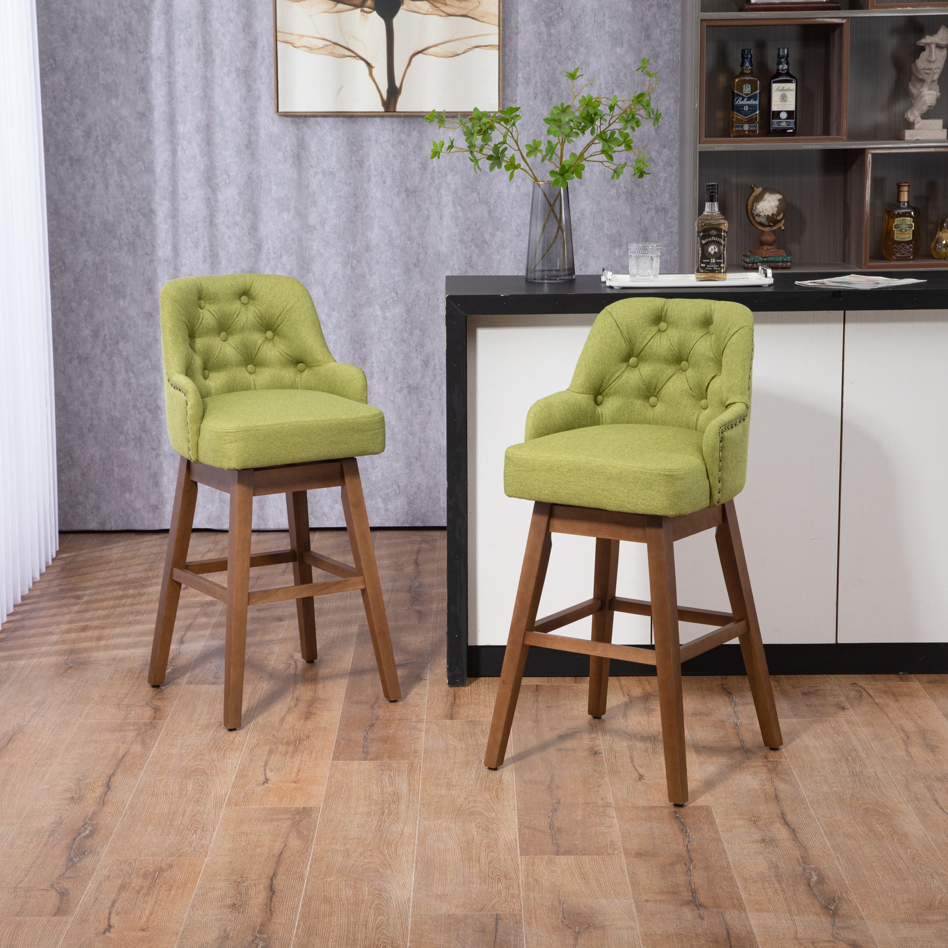 Coolmore Bar Stools Set Of 2 Counter Height Chairs With Footrest For Kitchen, Dining Room And 360 Degree Solid Wood Legs Swivel Bar Stools Set Of 2 Olive Linen Olive Foam Linen