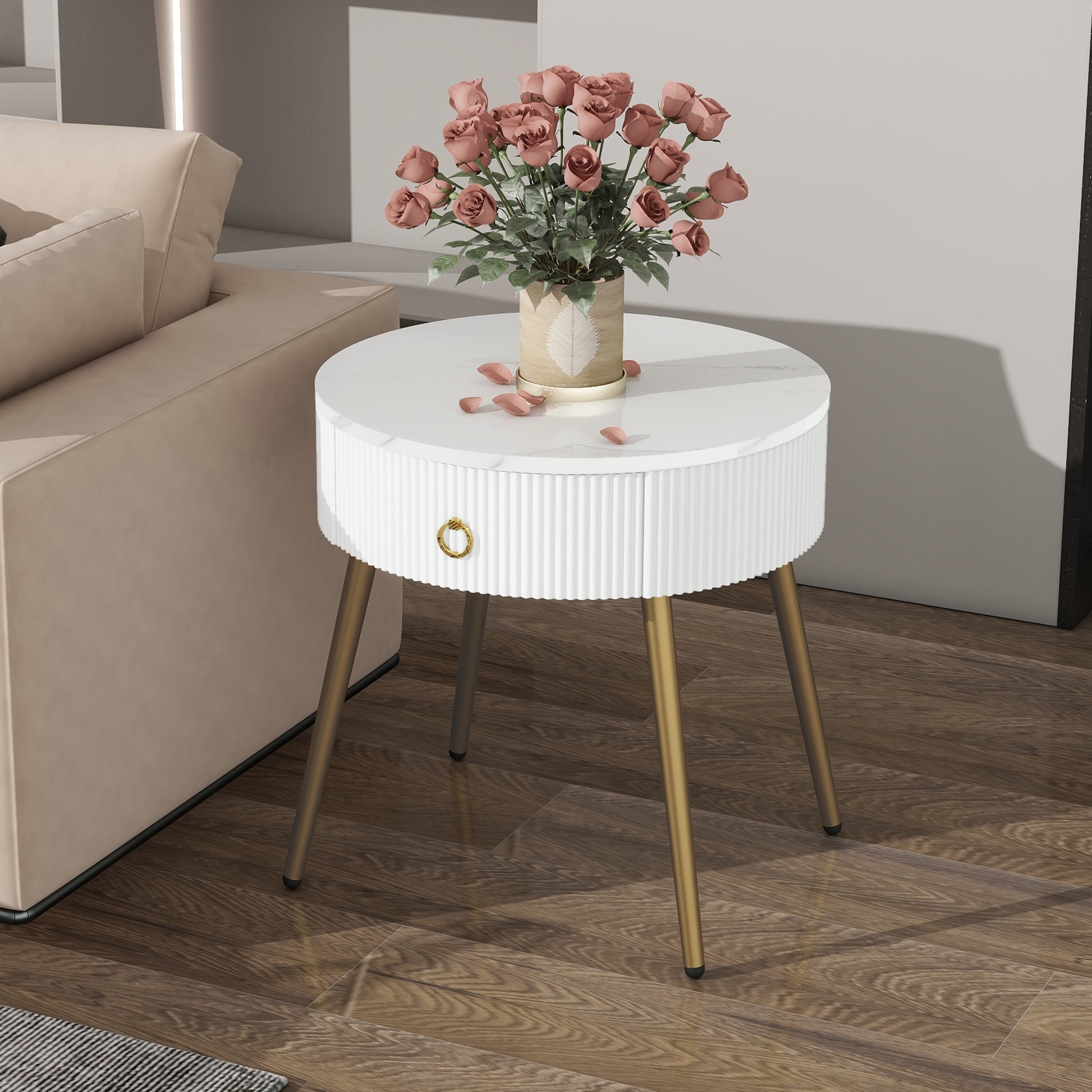 19.6'' Easy Assembly End Tables With High Gloss Faux Marble Tabletops, Set Of 2, Modern Fluted 2 Side Tables With Drawers, Round Coffee Tables With Golden Legs For Living Room, White White Gold Primary Living Space Drawers Round Mdf Iron
