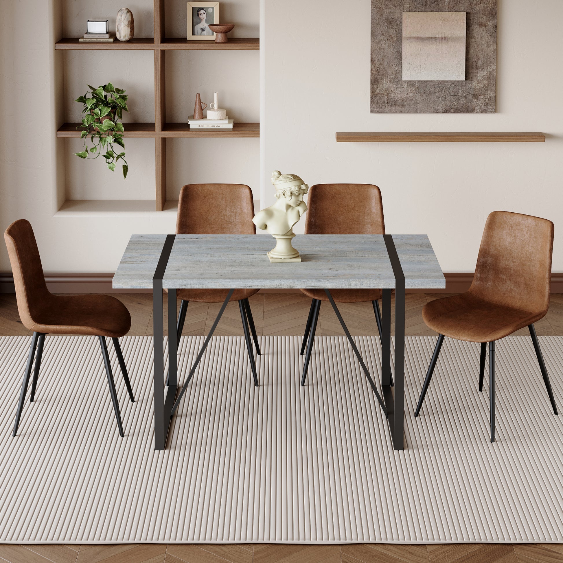 Table And Chair Set. Modern Minimalist Grey Marble Textured Mdf Dining Table With Metal Frame. Paired With 4 Chairs With Soft Suede Cushions And Black Metal Legs. Brown Seats 4 Mdf Metal