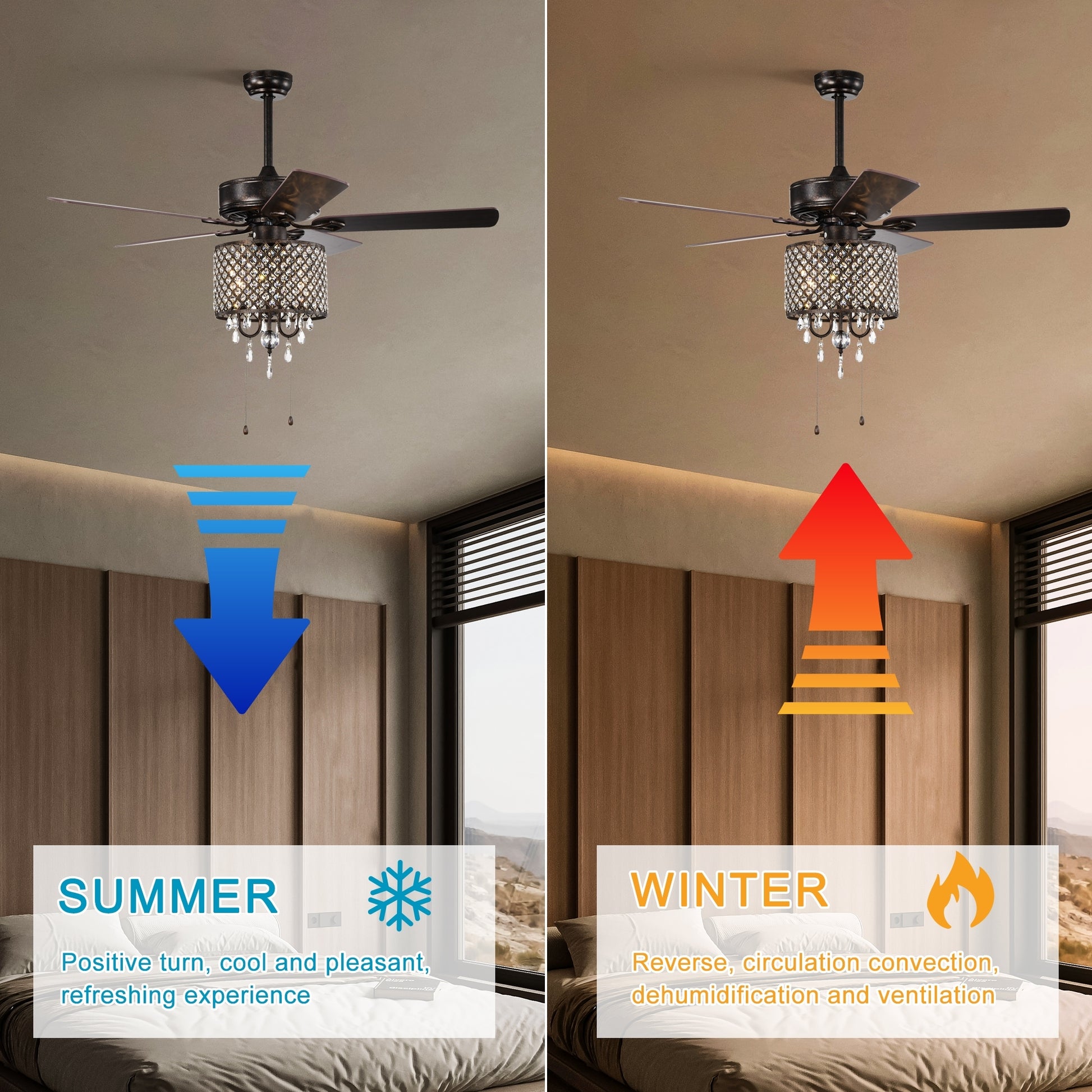 52'' Classical Crystal Ceiling Fan Lamp,3 Speed5 Reversible Blades For Living Room, Dining Room, Bedroom, Family Room, Rustic Bronze ,3Pcs*E12 No Include Bulb Hand Pull Chain Rustic Brown American Traditional,Antique,Classic,Contemporary Crystal Metal
