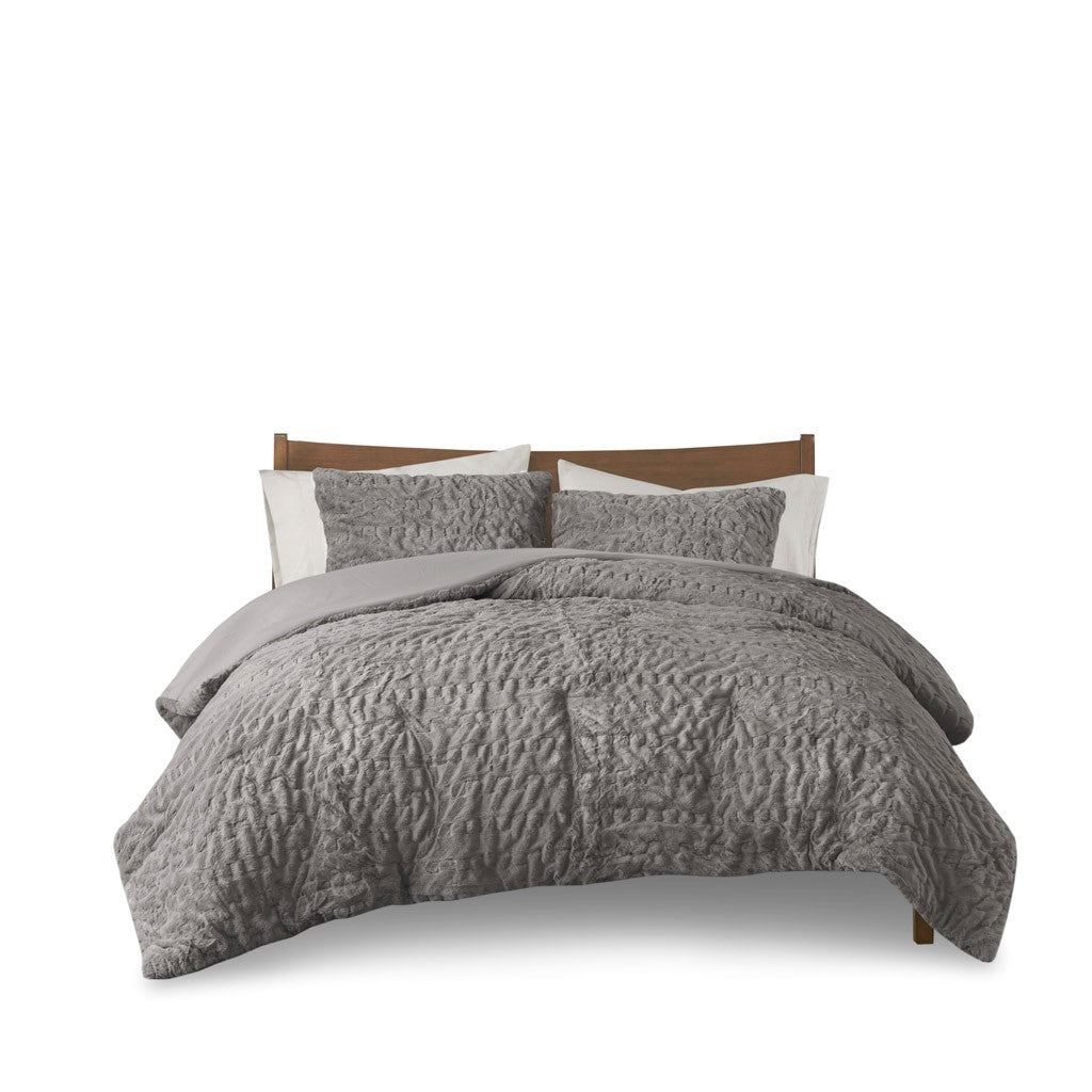 Ruched Fur Down Alternative Comforter Set King Grey Polyester