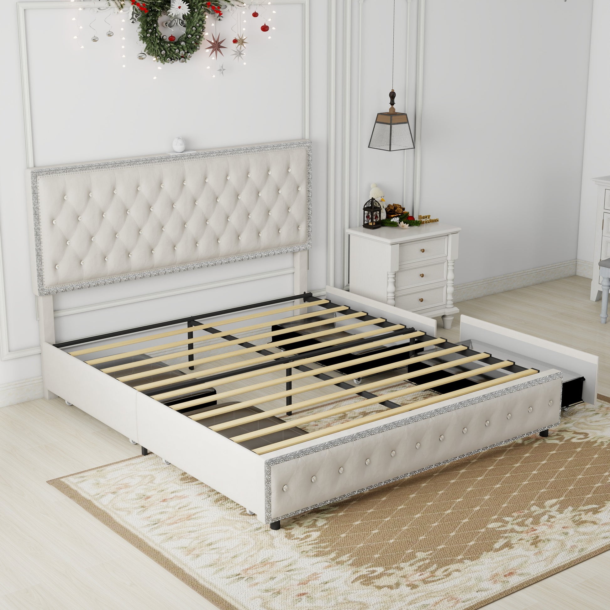 Queen Size Bed Frame With 4 Drawers, Star Galaxy Projector, Usb Charger, Music Speaker, Adjustable Upholstered Headboard With Diamond Button,Velvet Cream Mdf Metal