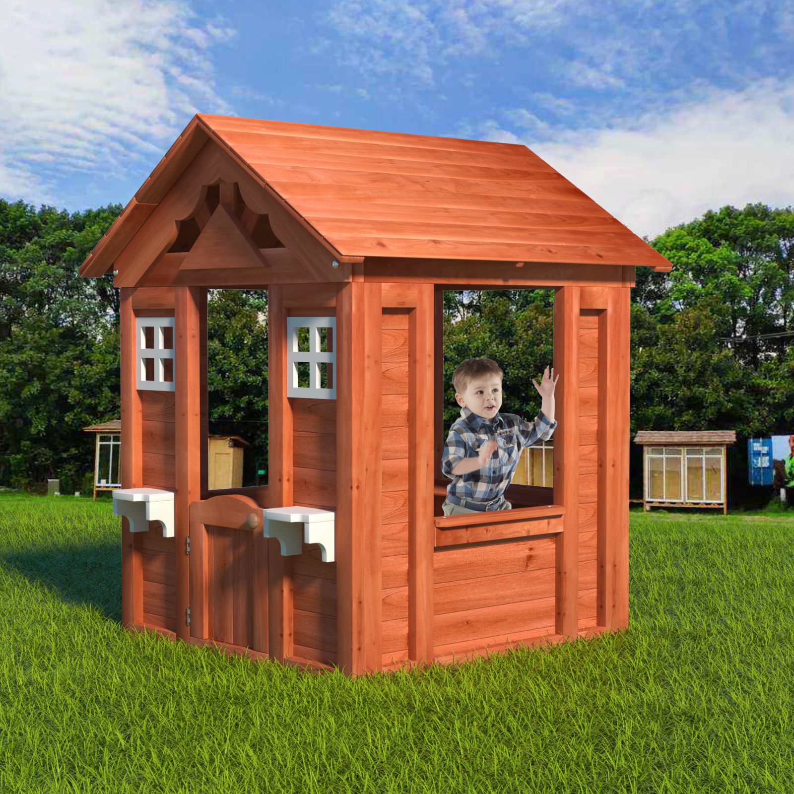 Wooden Kids Playhouse With 2 Windows And Flowerpot Holder,42"Lx46"Wx55"H,Golden Red Golden Solid Wood