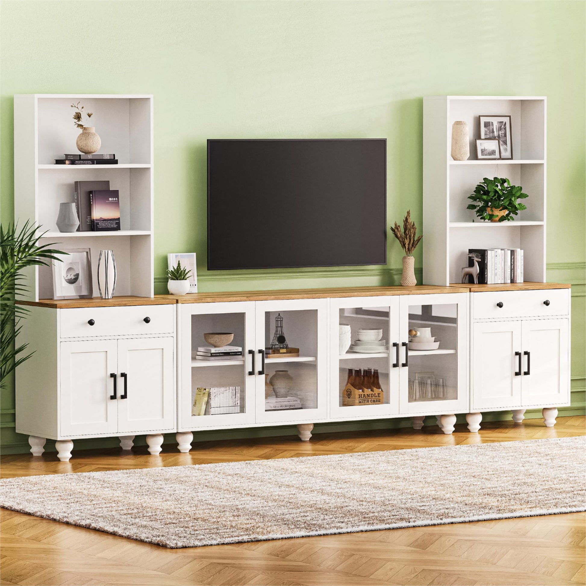 Farmhouse Tv Stand With Solid Wood Gourd Shaped Legs For Tvs Up To 70", Entertainment Center With Bookshelves & Tempered Glass Doors, Media Console With Adjustable Shelves, Living Room, White White