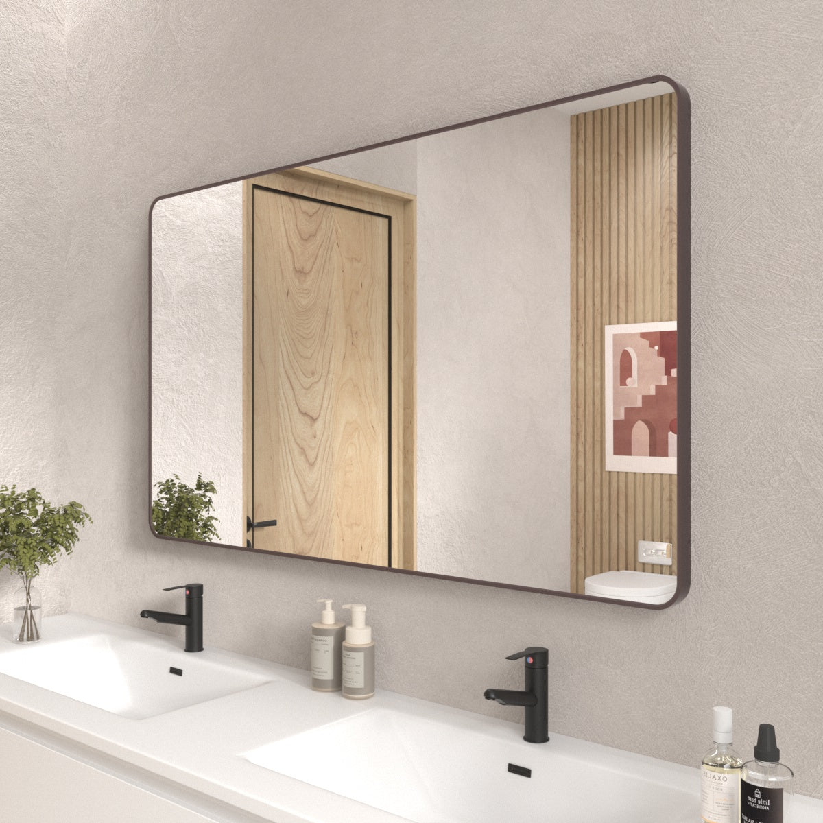 60X36 In. Aluminum Framed Rounded Rectangle Bathroom Wall Mirror, Oil Rubbed Bronze Bathroom Vanity Mirror Farmhouse, Anti Rust, Tempered Glass Mirrors, Hangs Horizontally Or Vertiy Oil Rubbed Bronze Aluminium