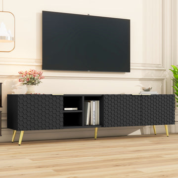 Modern Minimalist Geometric Tv Cabinet With Metal Handles And Gold Legs For Tvs Up To 80'', Multi Functional Tv Stand With Storage Cabinets, Entertainment Center For Living Room, Black Black Gold Primary Living Space 80 89 Inches 80 89 Inches 80 Inches