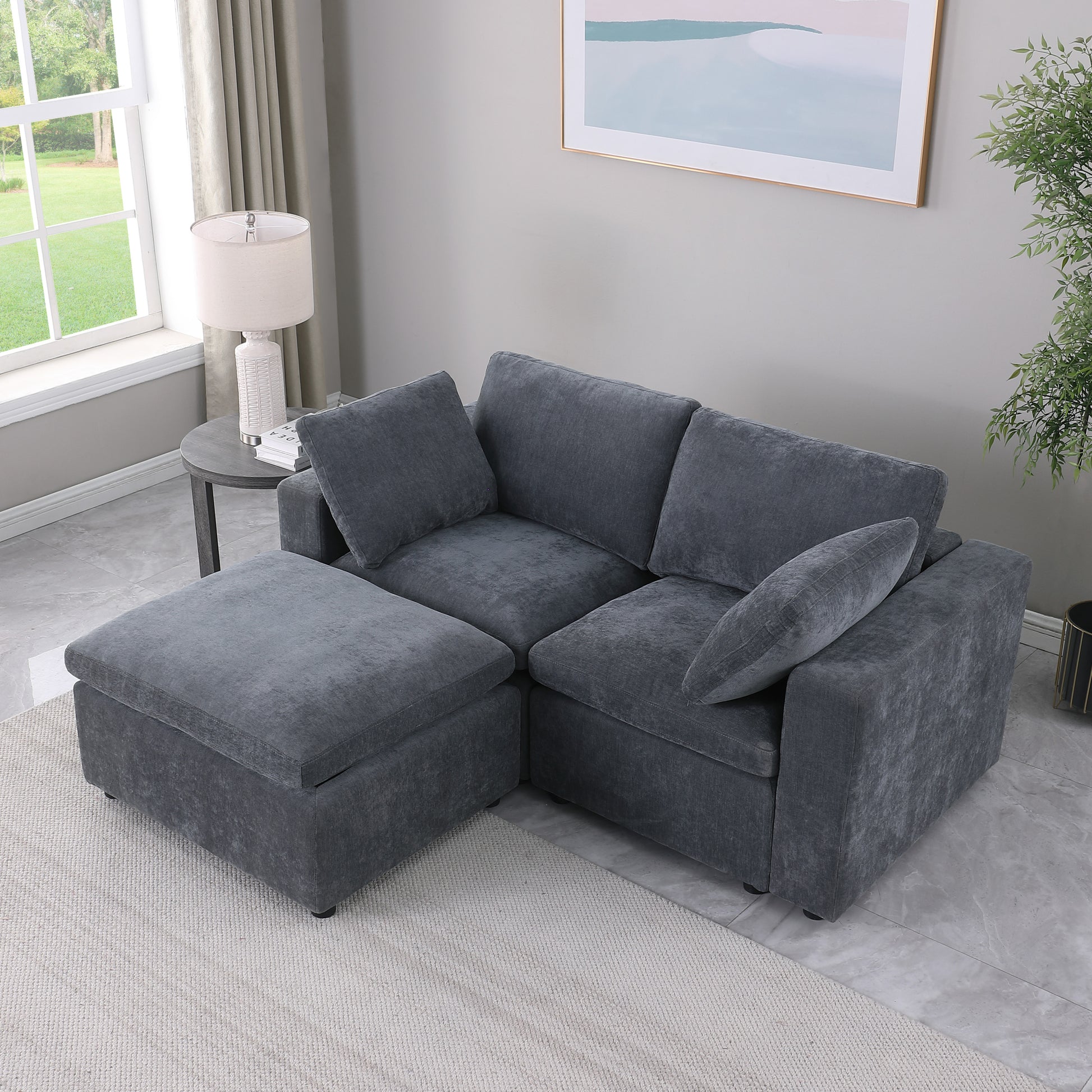 68.5" Loveseat Sofa With Ottoman Modular Sectional Beautiful Seat Couch Small L Shaped Upholstered Couch For Living Room Apartment Small Space, Chenille Grey Grey Fabric 3 Seat