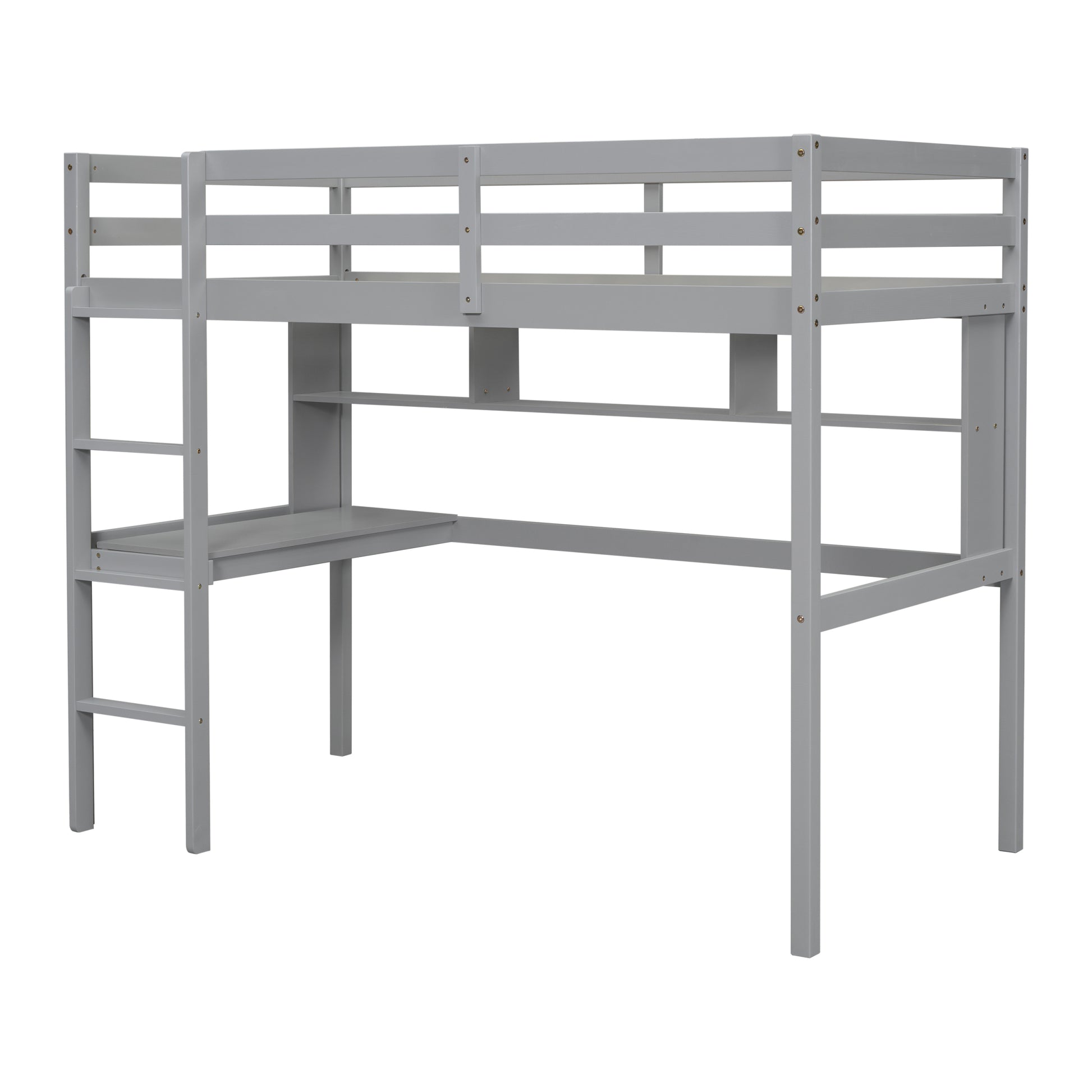 Twin Loft Bed With Built In Desk And Bookcase Of Three Compartments, Guardrails And Ladder,Grey Twin Grey Pine