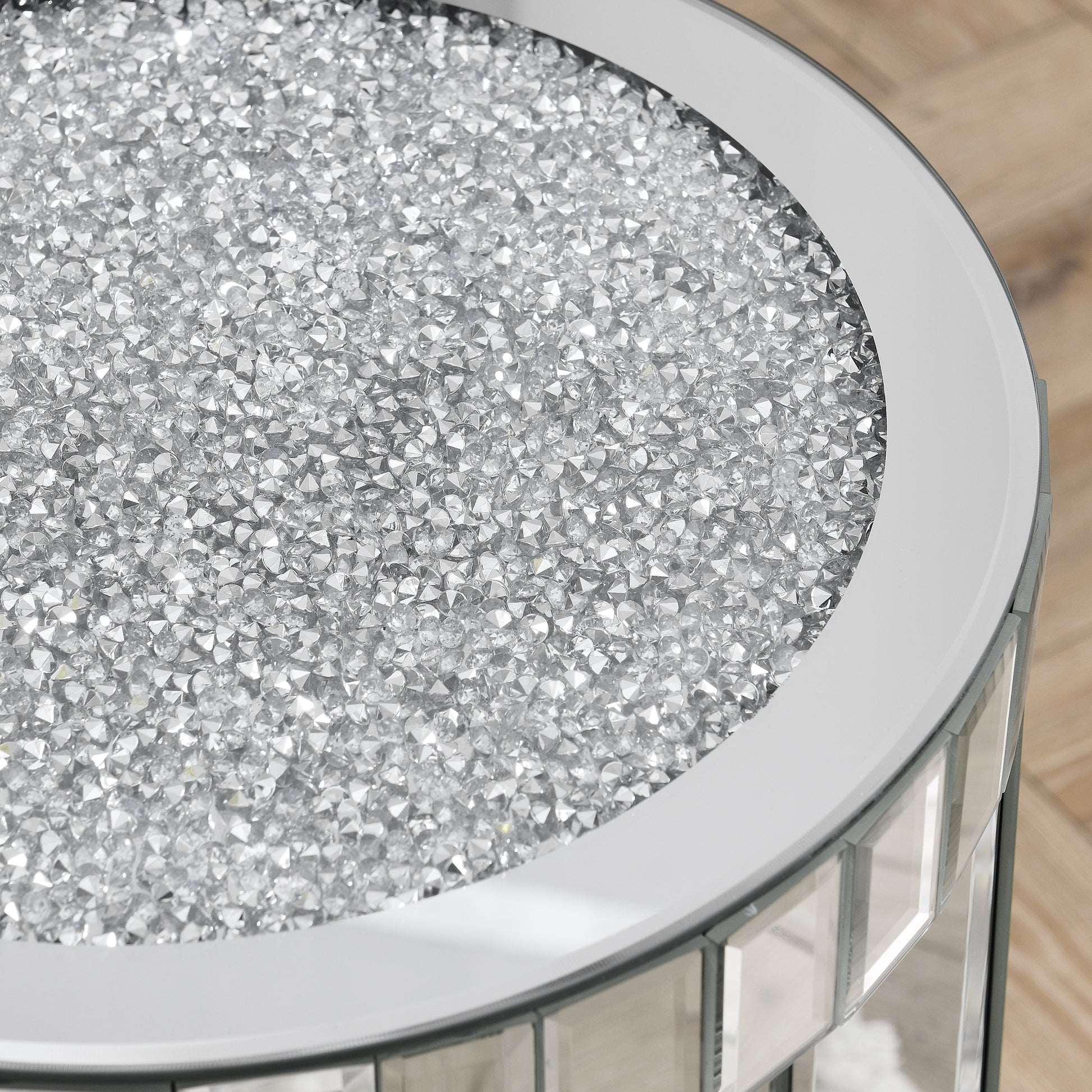 Mirror Round Table With Crystal Inlay, 2 Layer Modern Small Sofa Table With Storage Space, Silver Decorative Table Suitable For Living Room, Bedroom, Coffee And Small Spaces Mirrored Finish Primary Living Space Round Silver Floating Desk American Design