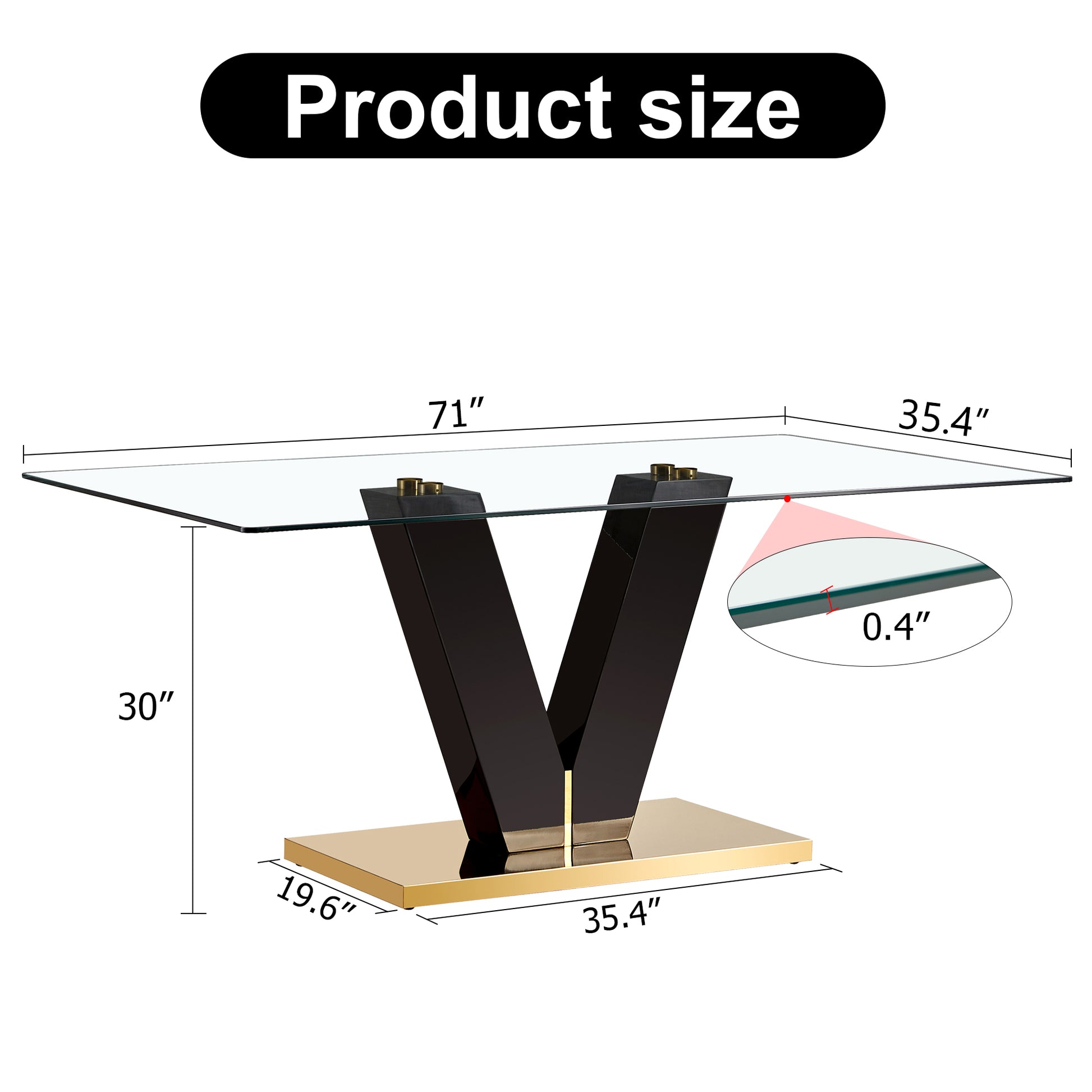 Large Modern Minimalist Rectangular Glass Dining Table For 6 8 With 0.4" Tempered Glass Tabletop And Mdf Slab V Shaped Bracket And Metal Base,For Kitchen Dining Living Meeting Room Banquet Hall F V