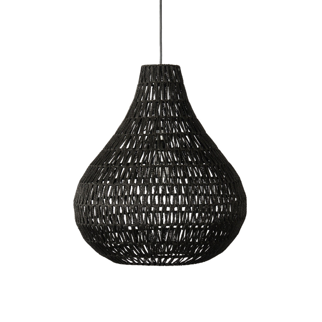 Boney 18 Inch Pendant Light, Woven Rope, Rounded Shape, Iron, Black Black Iron