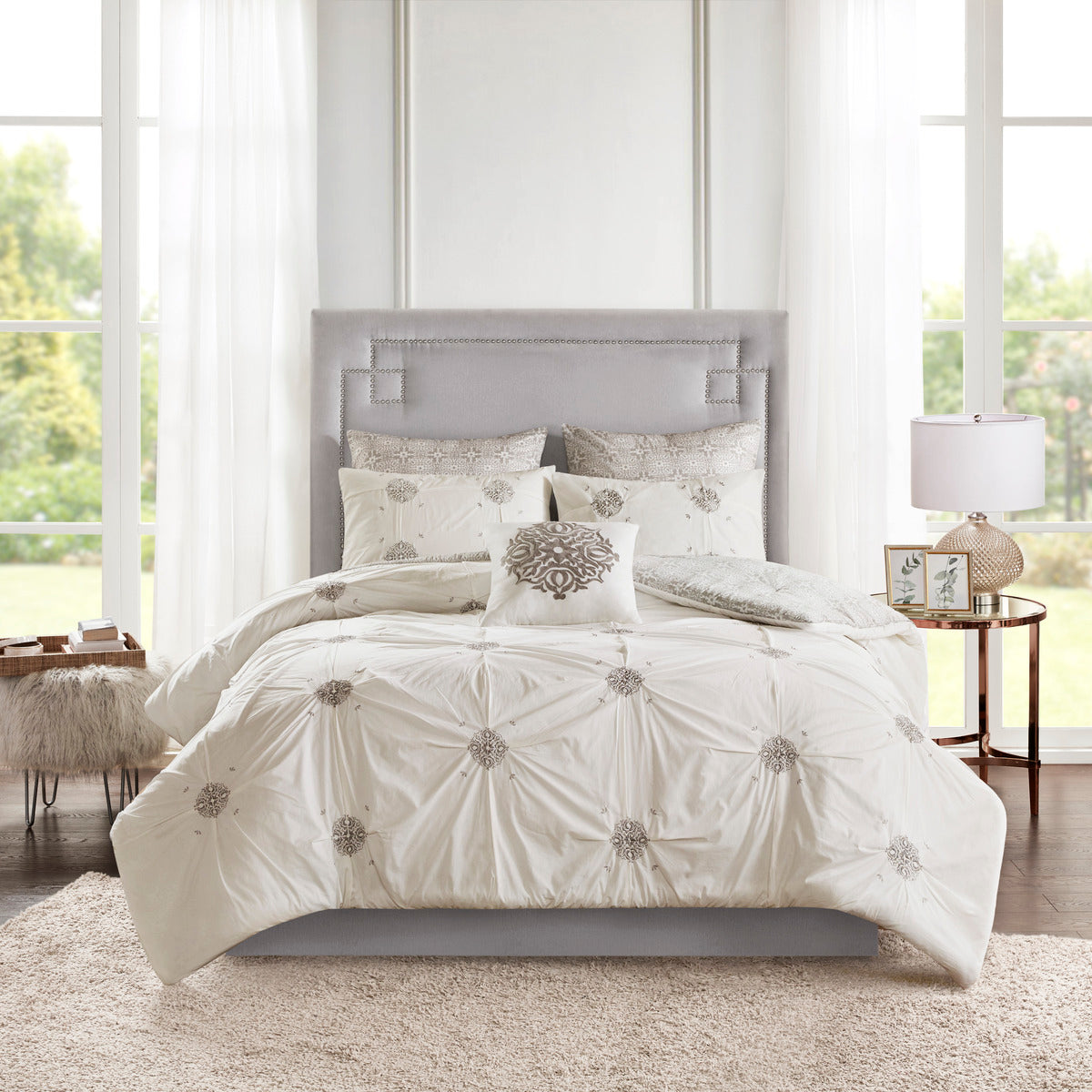 6 Piece Embroidered Cotton Reversible Comforter Set Ivory King Cal King King Ivory Polyester