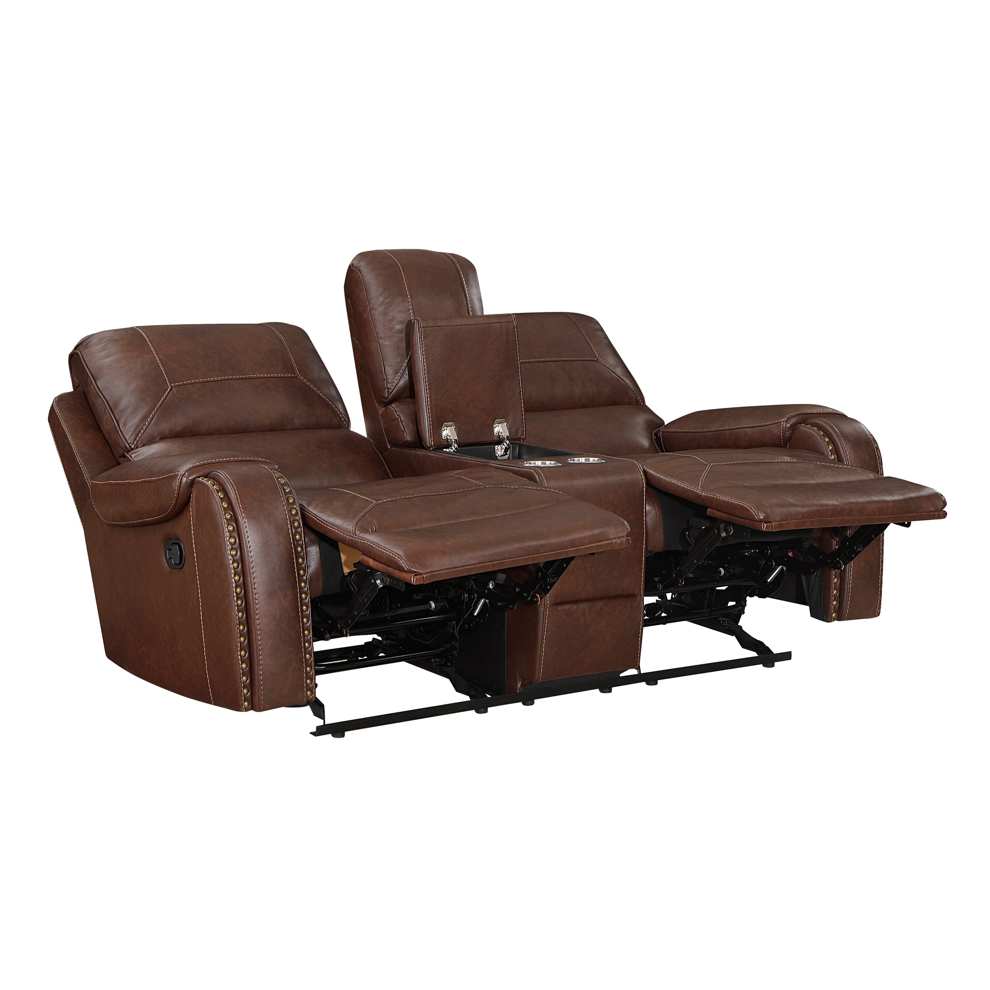 Comfortable Reclining Sofa 2Pc Set Brown Faux Leather Upholstered Dual Reclining Sofa Loveseat Trim, Power Usb Ports, Cupholders, Modern Living Room Furniture Brown Faux Leather Wood Primary Living