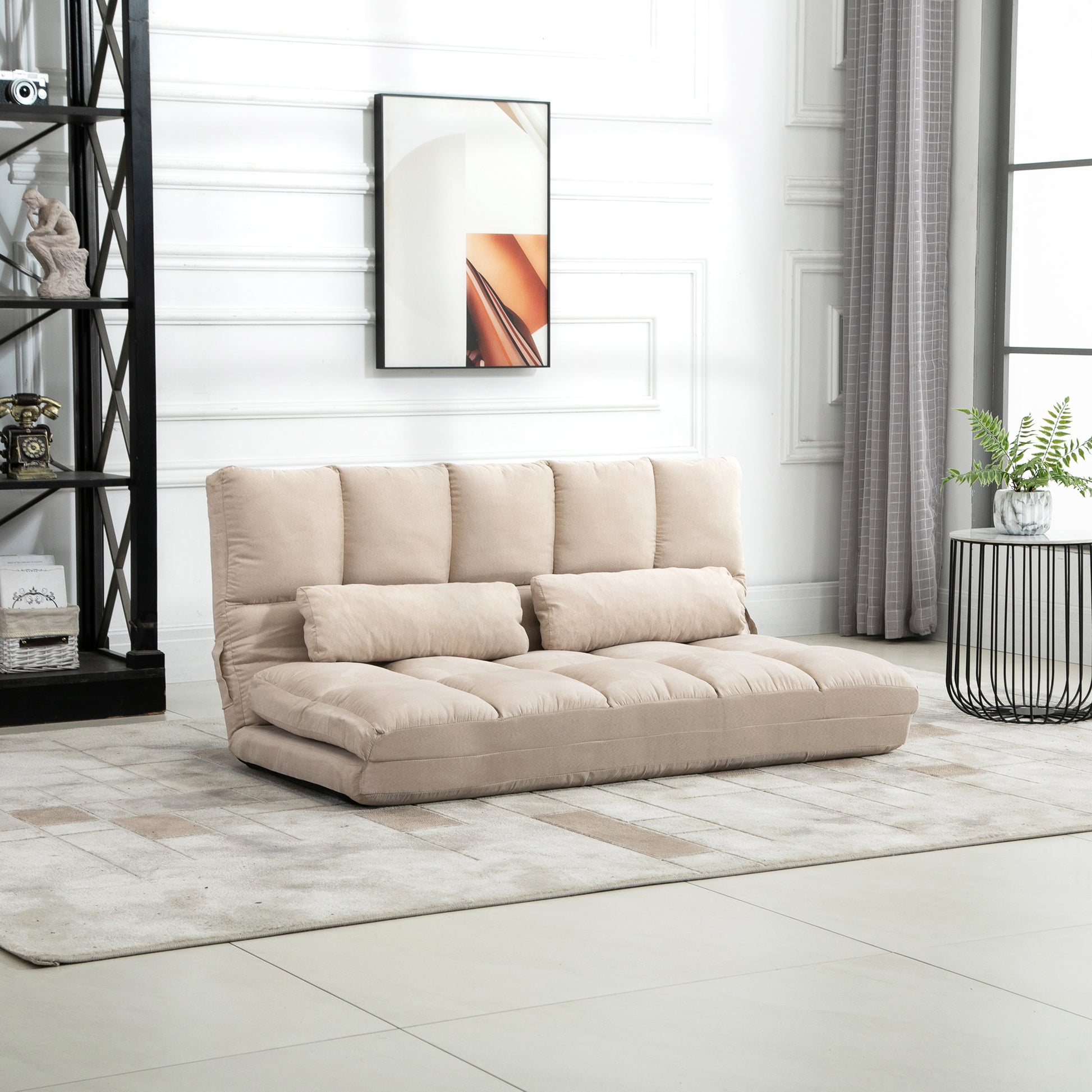 Homcom Convertible Floor Sofa Chair, Folding Couch Bed, Guest Chaise Lounge With 2 Pillows, Adjustable Backrest And Headrest, 51.25" L, Beige Beige Polyester