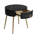 19.6'' Easy Assembly End Tables With High Gloss Faux Marble Tabletops, Set Of 2, Modern Fluted 2 Side Tables With Drawers, Round Coffee Tables With Golden Legs For Living Room, Black Black Gold Primary Living Space Drawers Round Mdf Iron