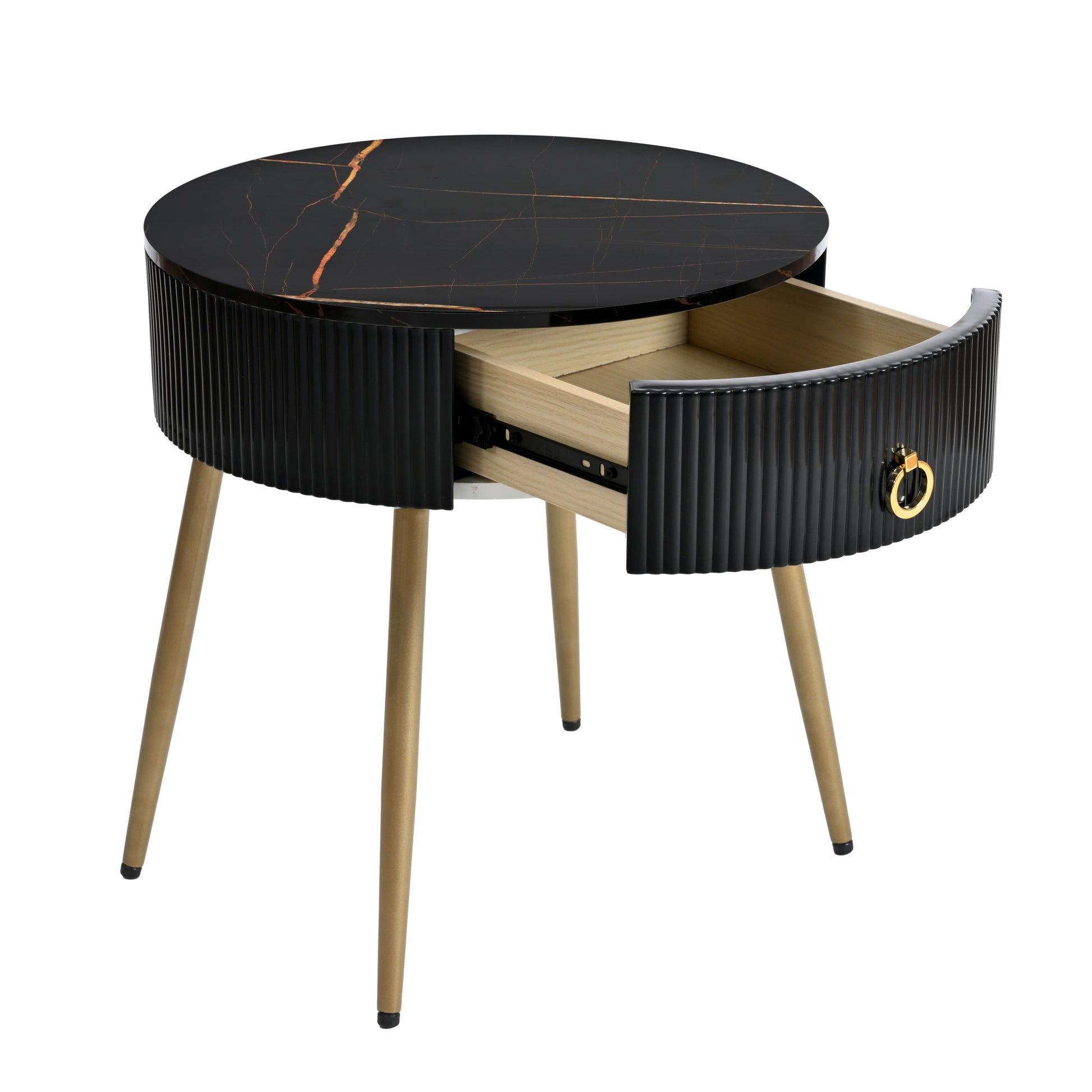 19.6'' Easy Assembly End Tables With High Gloss Faux Marble Tabletops, Set Of 2, Modern Fluted 2 Side Tables With Drawers, Round Coffee Tables With Golden Legs For Living Room, Black Black Gold Primary Living Space Drawers Round Mdf Iron