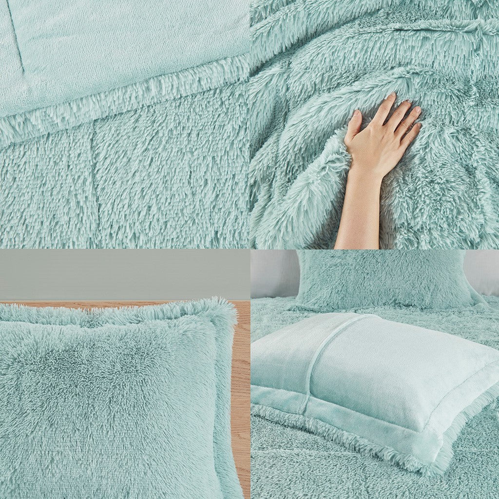 Shaggy Long Fur Comforter Mini Set King Blue Polyester