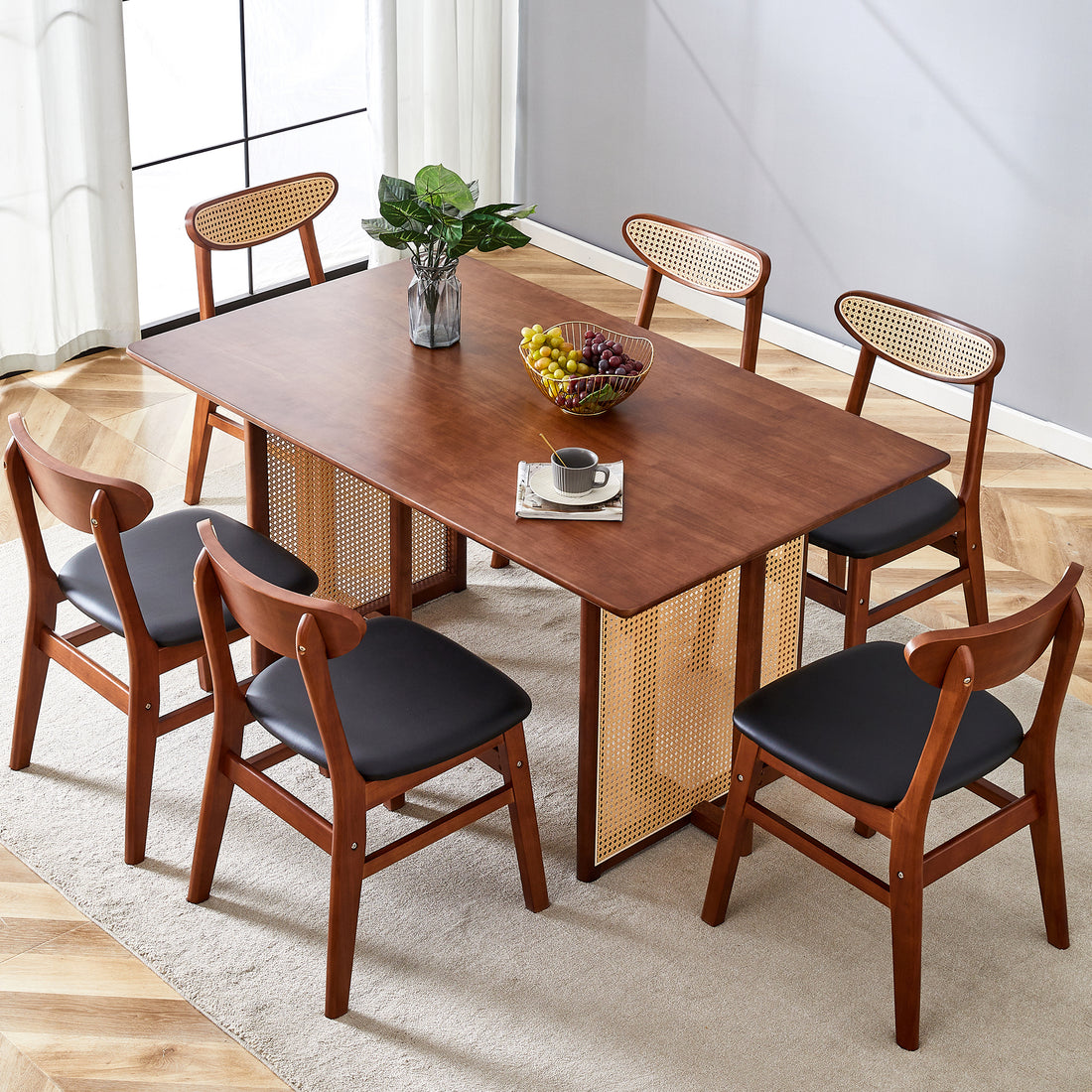 Table And Chair Set, Ancient Style Solid Wood Dining Table, Imitation Rattan Table Legs, Beautiful Simple Solid Wood Dining Chair, Perfect For Dinner, Meetings, Home And Office Decoration Walnut Rubber Wood