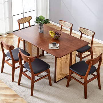 Table And Chair Set, Ancient Style Solid Wood Dining Table, Imitation Rattan Table Legs, Beautiful Simple Solid Wood Dining Chair, Perfect For Dinner, Meetings, Home And Office Decoration Walnut Rubber Wood
