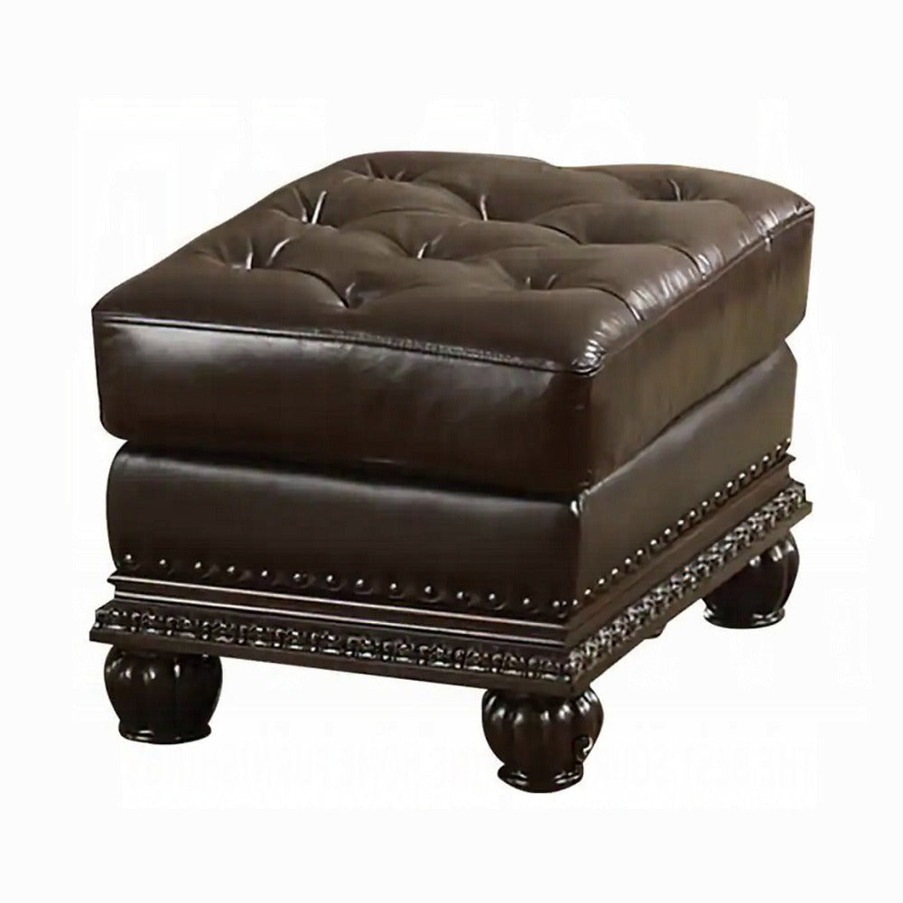 Espresso And Cherry Tufted Ottoman Espresso Genuine Leather Wood Primary Living Space Backless Solid Brown Rectangle Armless Nailhead Trim Genuine Leather