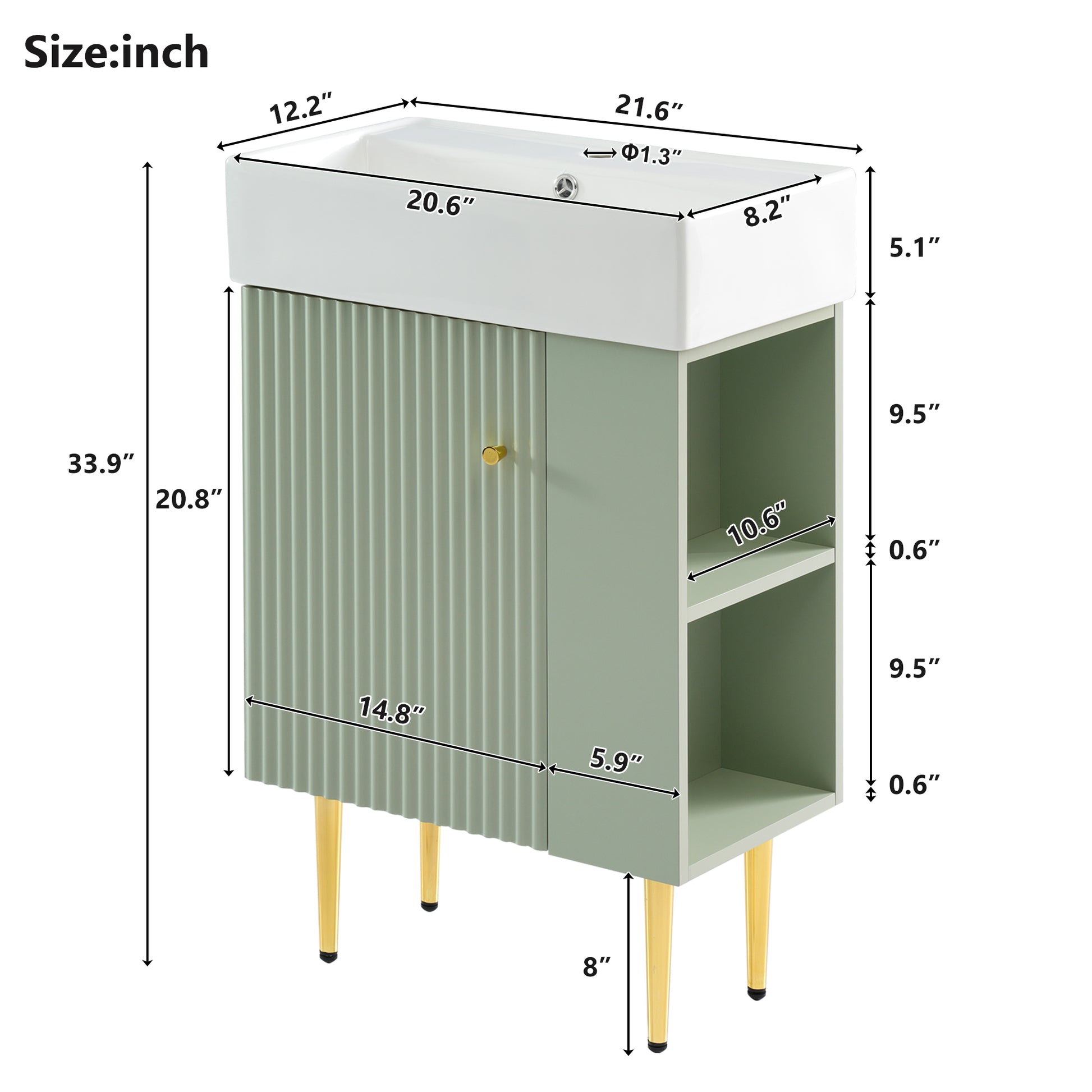 21.6" Green Bathroom Vanity, Combo Cabinet, Bathroom Storage Cabinet, Single Ceramic Sink, Right Side Storage Green Bathroom Ceramic Mdf