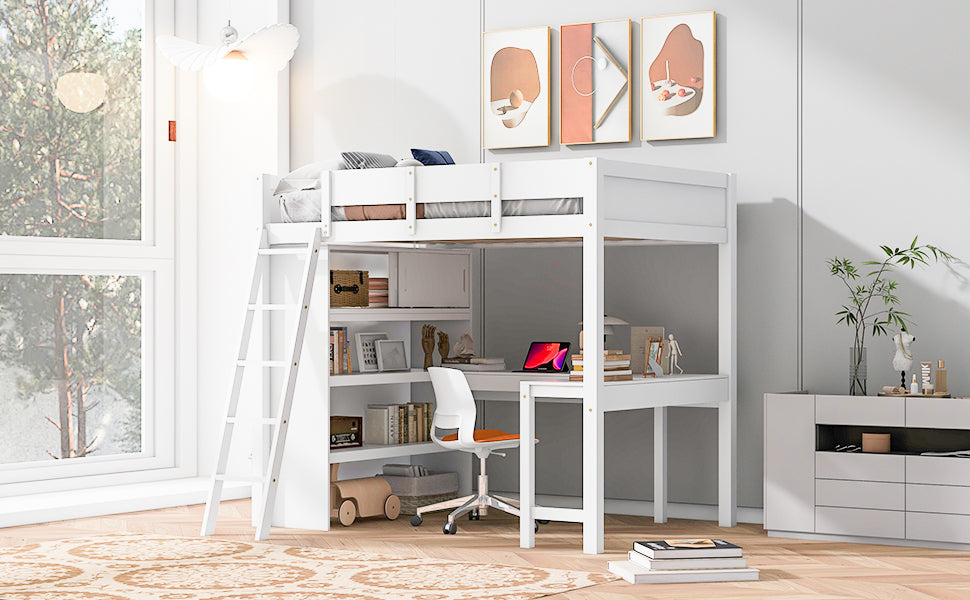 Full Size Loft Bed With Desk And Shelf White Full White Solid Wood