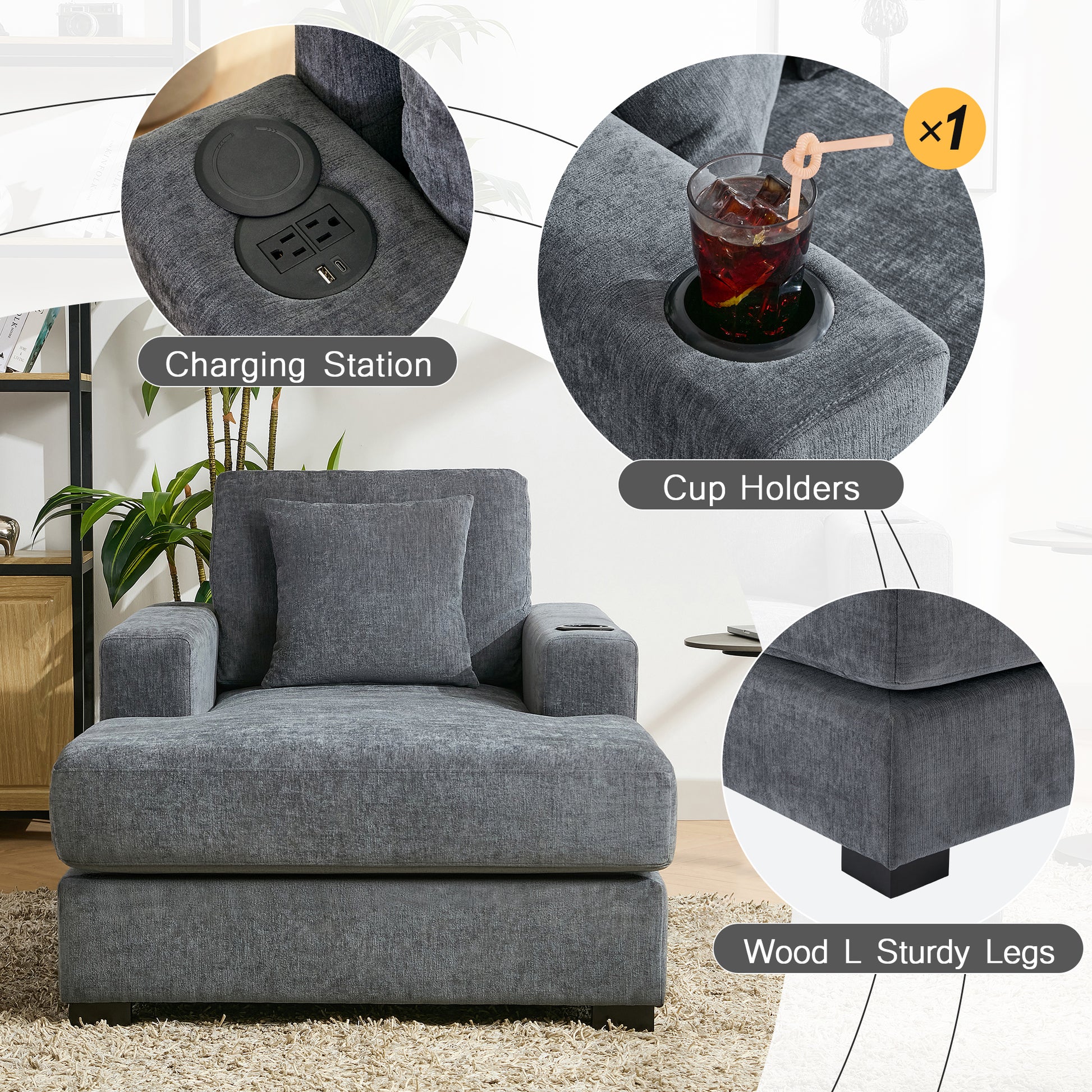 39.7" Oversized Chaise Lounger Modern Style Sofa Couch ,With Pillows, Charge Station & Cup Holders, Chenille Fabric, Blue Gray Blue Gray Chenille