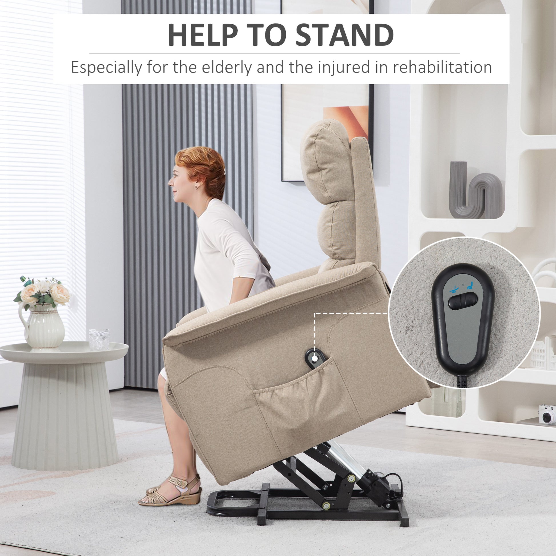 Homcom Power Lift Recliner Chair For Elderly, Easy Assembly, Fabric Lift Chair With Remote Control, Side Pockets For Living Room, Beige Beige Polyester