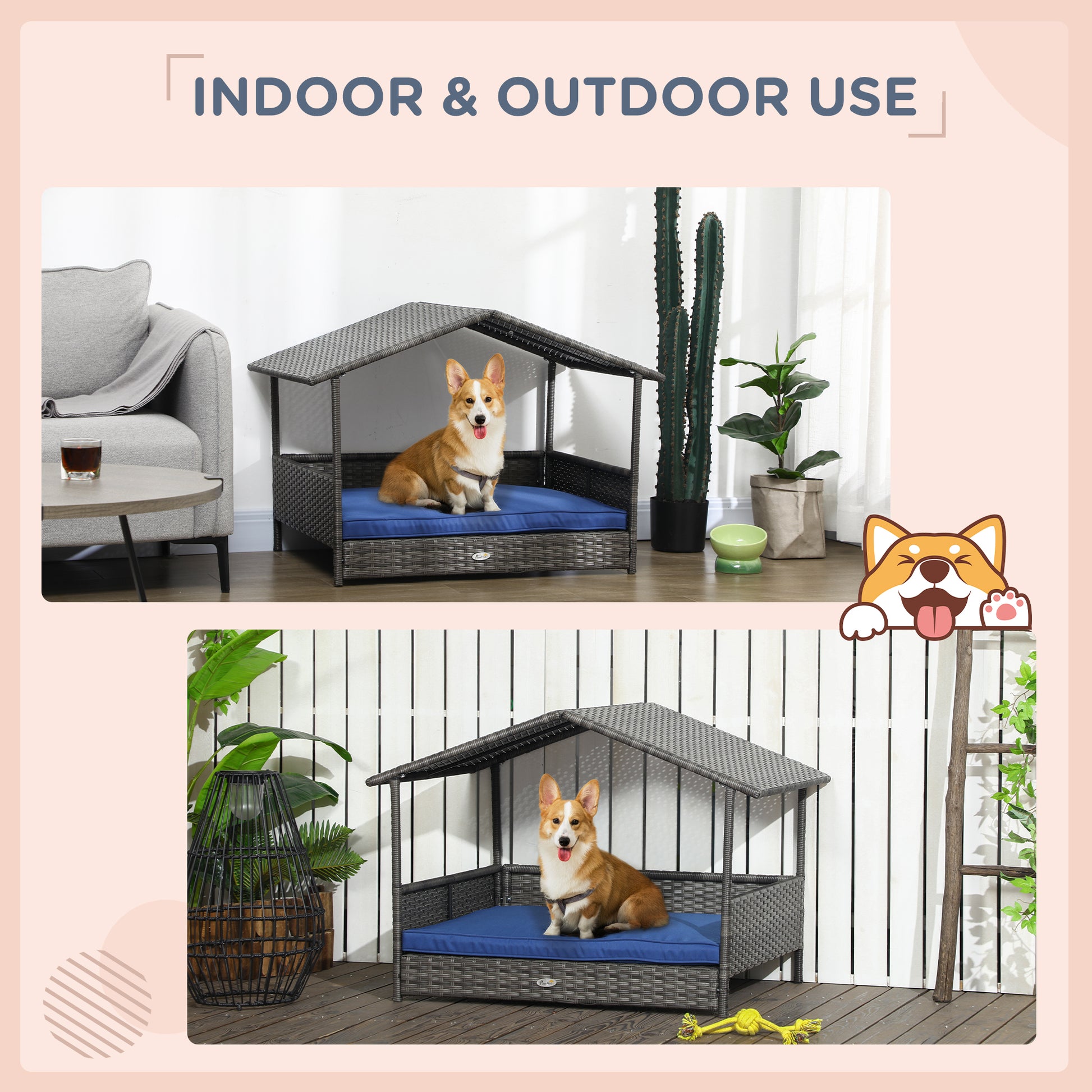 Pawhut Wicker Dog House Outdoor With Canopy, Rattan Dog Bed With Water Resistant Cushion, For Small And Medium Dogs, Dark Blue Blue Rattan