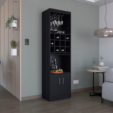 Kevil 71 Inch Tall Bar Cabinet 5 Tier Modern Bar Cabinet With Glass Holder Stemware Rack, Wine Cabinet, Liquor Cabinet, 12 Bottle Cubbies, 5 Shelves, And Pull Out Tray Black Primary Living Space Modern Particle Board Shelves Included Engineered Wood