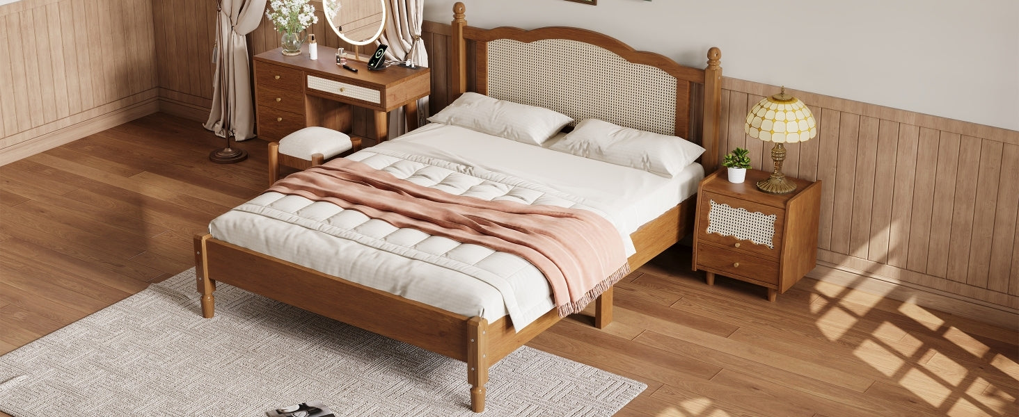 3 Pieces Bedroom Set With Queen Size Wooden Bed Frame, 1 Vintage Nightstand And 1 Makeup Vanity Set With Stool,Walnut Expected Arrival Time: 08.23 Queen Walnut 3 Piece Set Wood
