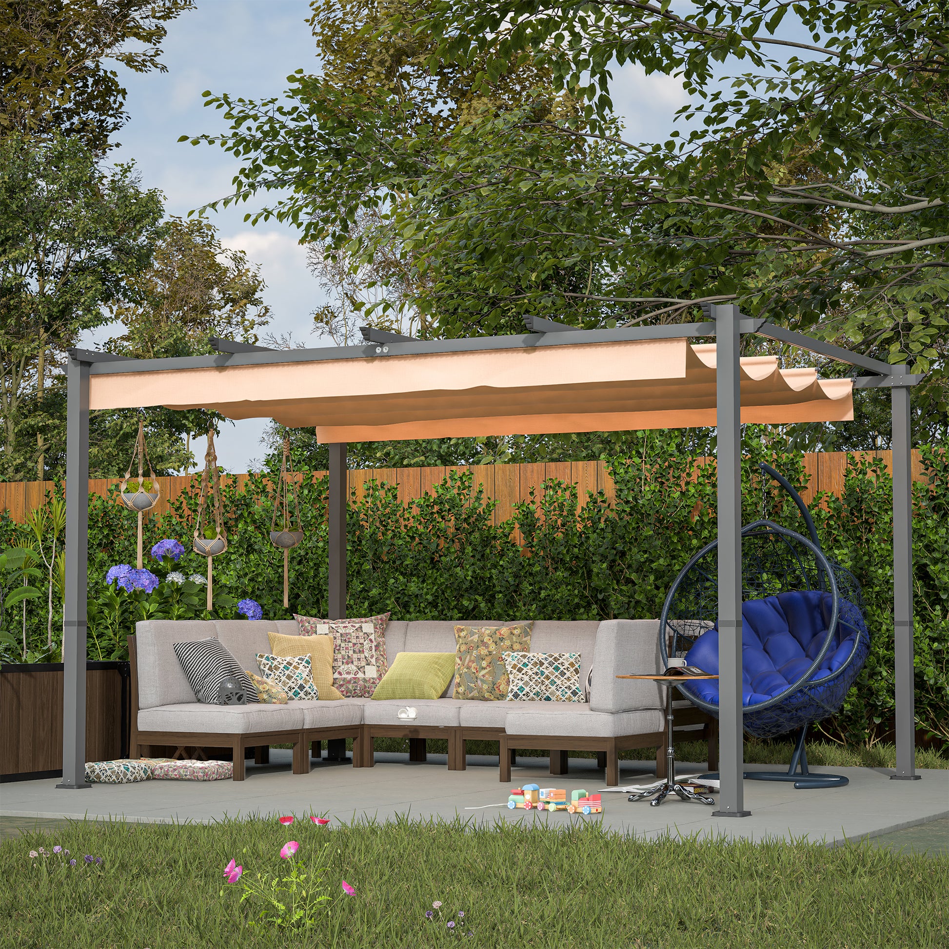 10' X 13' Aluminum Patio Pergola With Retractable Pergola Canopy, Backyard Shade Shelter For Porch, Outdoor Party, Garden, Grill Gazebo, Khaki Khaki Metal