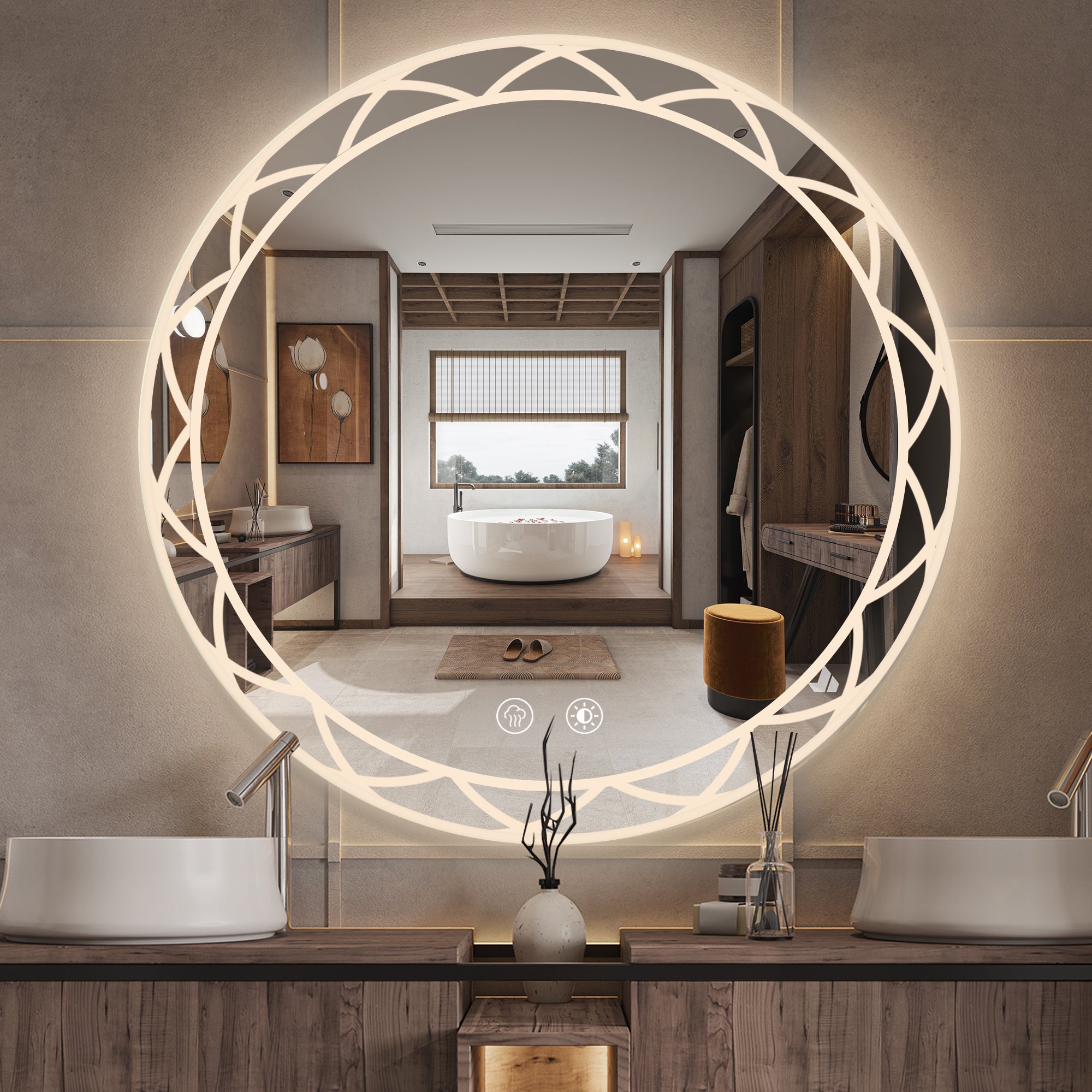 42" Round Led Bathroom Mirror Adjustable Color Temperatures And Anti Fog, Wall Mounted Design White Black Aluminium,Tempered Glass