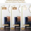 Gold Floor Lamps For Living Room With Remote & Dimmable Led Bulb, Modern Arc Floor Lamp With 3 Color Temperatures, Boho Standing Lamp With Rattan & Fabric Shades, Adjustable Tall Lamp For Bedroom Brown Gold Rattan Metal