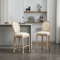 Solid Wood Bar Stools Set Of 2, Classic French Country Wooden Barstools With Upholstered Seating Beige Fabric Wood Fabric