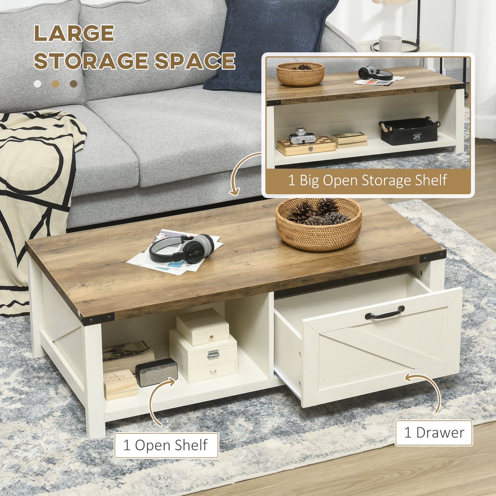 Homcom Farmhouse Coffee Table With Storage And Drawer, Rustic Coffee Table For Living Room, Open Shelf, White White Deep Walnut Particle Board