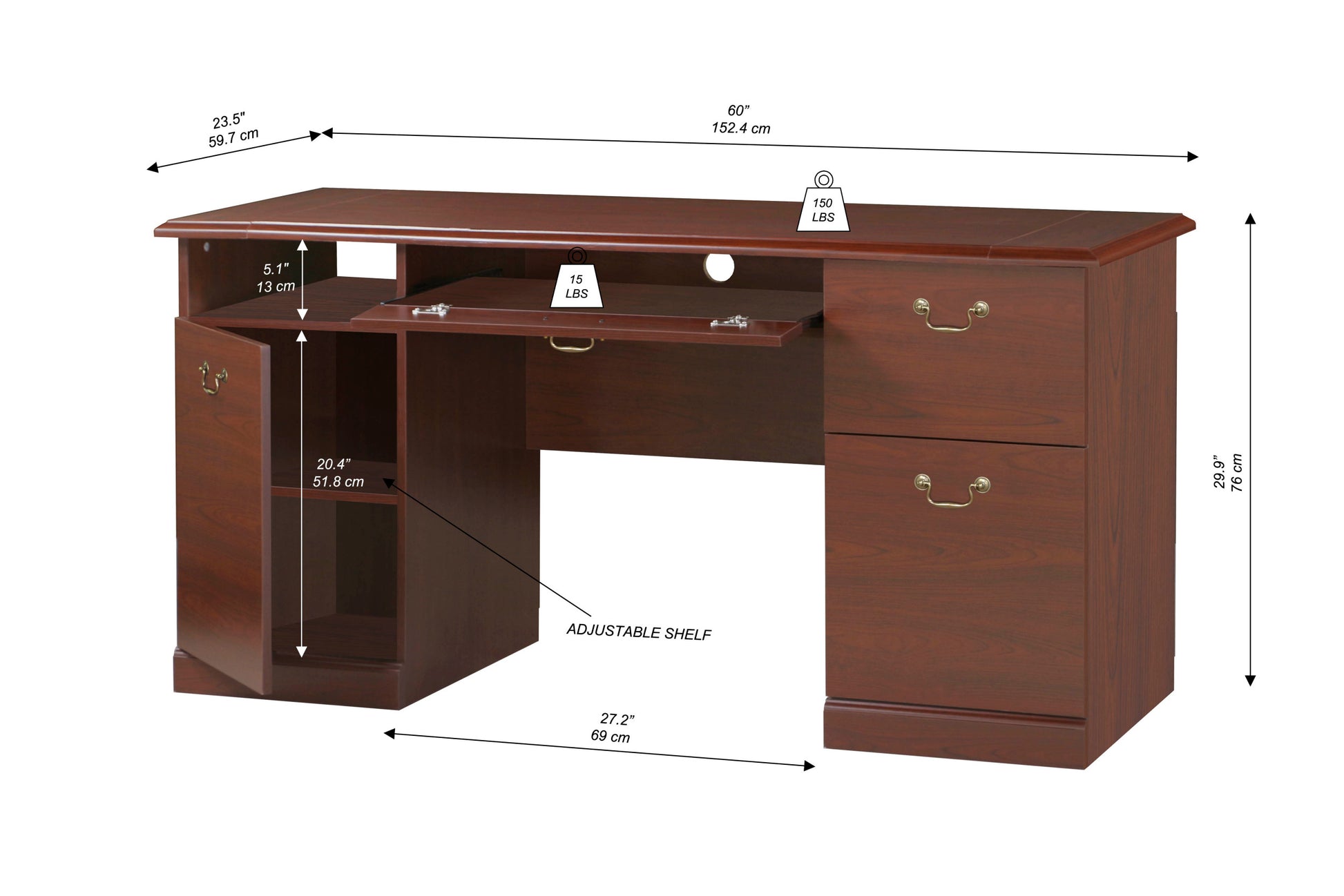 60" Writing Desk Base 60" Writing Desk Top Classic Cherry Finished Executive Desk With Spacious Storage And Hidden Keyboard Tray Cherry Solid Wood