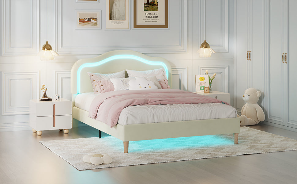 Full Size Velvet Upholstered Smart Led Bed Frame With Adjustable Height Headboard,No Box Spring Needed,Easy Assembly,Beige Box Spring Not Required Full Beige Wood Bedroom Cute,Modern Bed Frame Wood