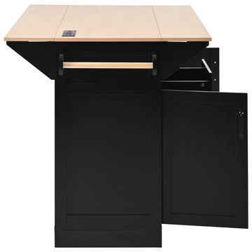 K&K 55.7'' Large Kitchen Island With 2 Drop Leaf, Rolling Kitchen Cart On 5 Wheels With Power Outlet, Folding Storage Dining Table With Spice & Towel Rack3 Drawers, For Kitchen, Dining Room,Black Black Brown Kitchen Classic,Farmhouse,Luxury,Modern