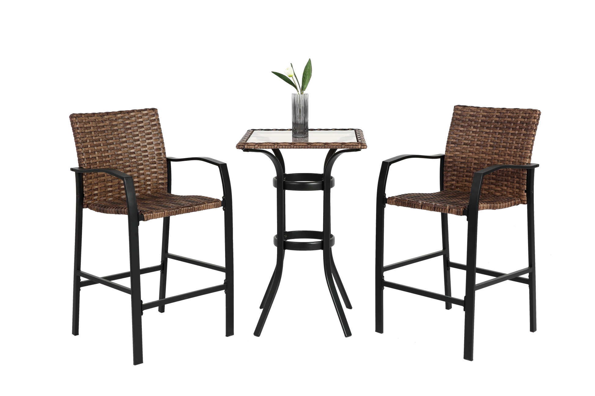 3 Pieces Outdoor Bar Stools Set,Rattan Bar Chairs,With Glass Table Top, Wicker Bar Stools For Backyard, Garden, Pool, Balcony And Deck, Brown Brown Steel