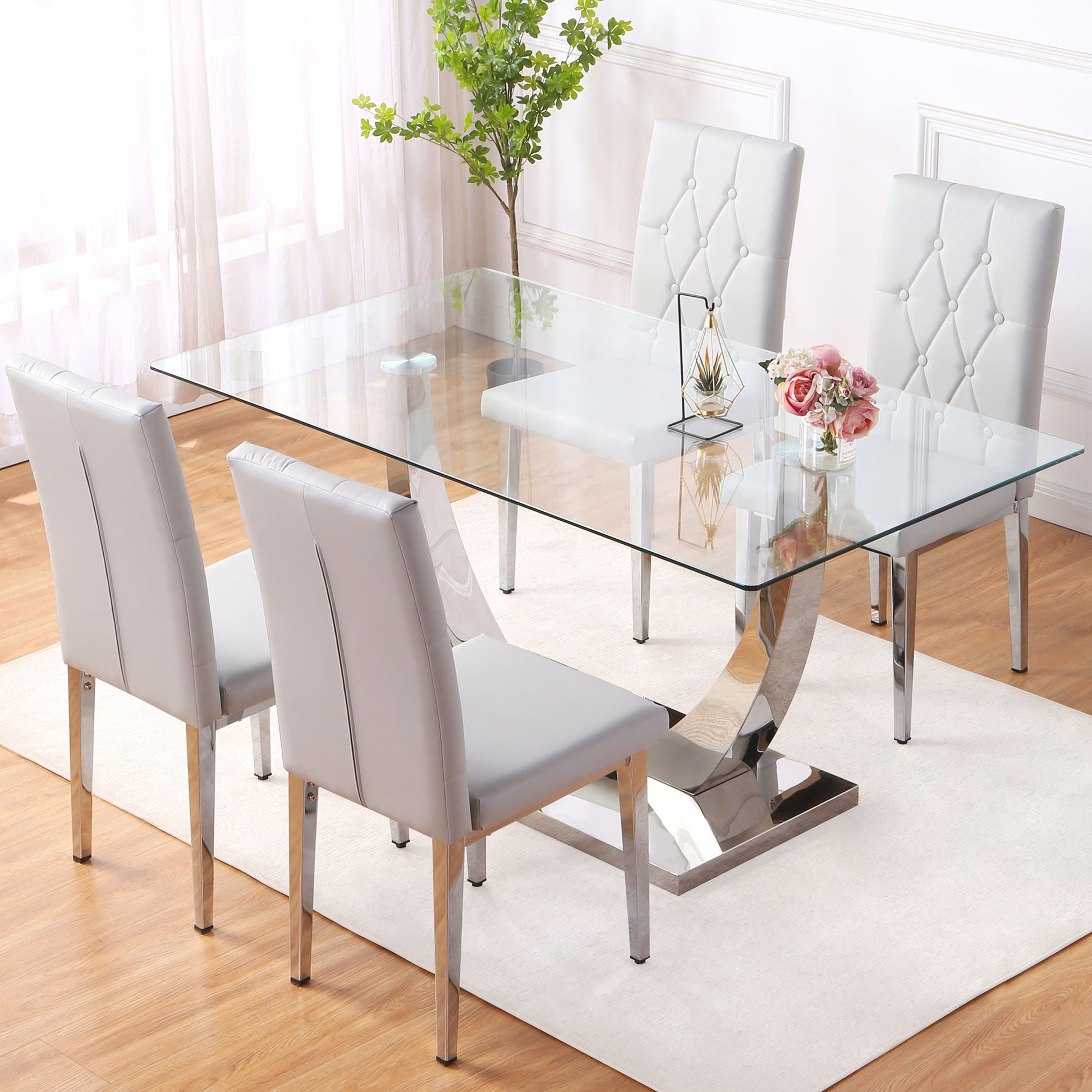 Table And Chair Set, Modern Dining Table, Tempered Glass Tabletop And Silver Colored Leg Table, Soft And Comfortable Dining Chair, Perfect For Dinner, Meetings, Home And Office Decor Gray Seats 4 Glass