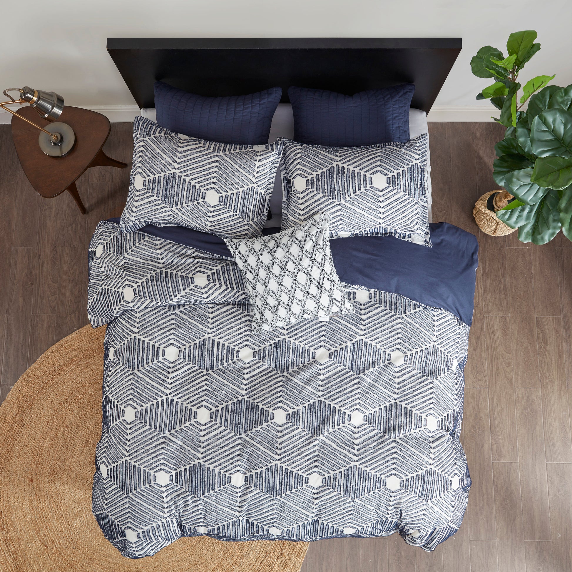 Cotton Jacquard Duvet Cover Set Queen White Navy Cotton