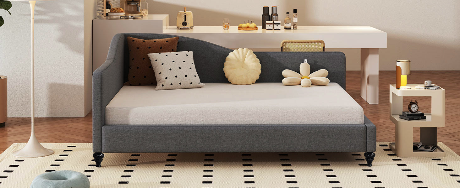 Full Size L Shaped Linen Daybed, With Solid Wood Legs, Gray Old Sku: Sf000146Aae Full Gray Linen Mdf
