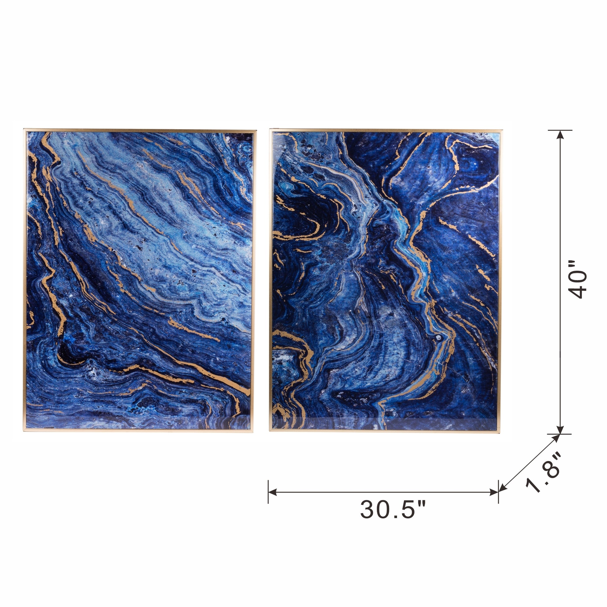 Set Of 2 Blue And Gold Framed Art Panels, Unique Marbled Design, 30.5" X 40" Blue Mdf