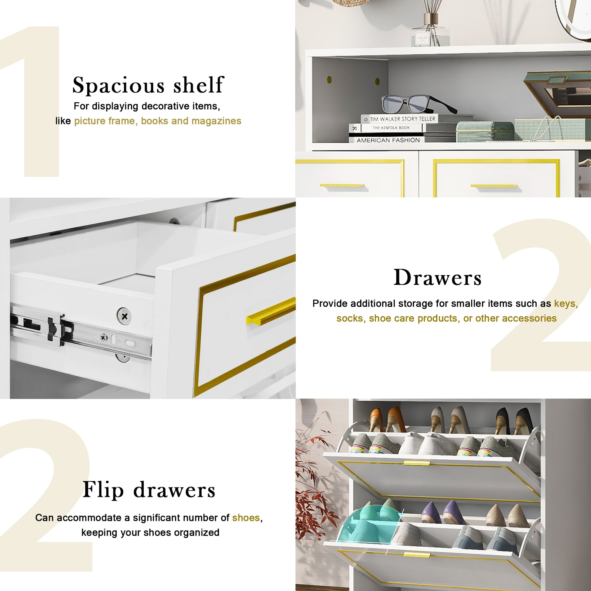 Shoe Cabinet With 2 Flip Drawers, 2 Slide Drawers And 1 Shelf, Modern Free Standing Shoe Rack For Heels,Sneakers, Slippers,Shoe Storage Cabinet For Entryway, Hallway, Living Room, White White Mdf