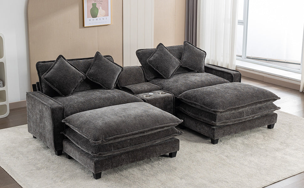 112.6" Sectional Sofa Chenille Upholstered Sofa With Two Removable Ottoman, Two Usb Ports, Two Cup Holders And Large Storage Box For Living Room, Black Black Foam Chenille 2 Seat